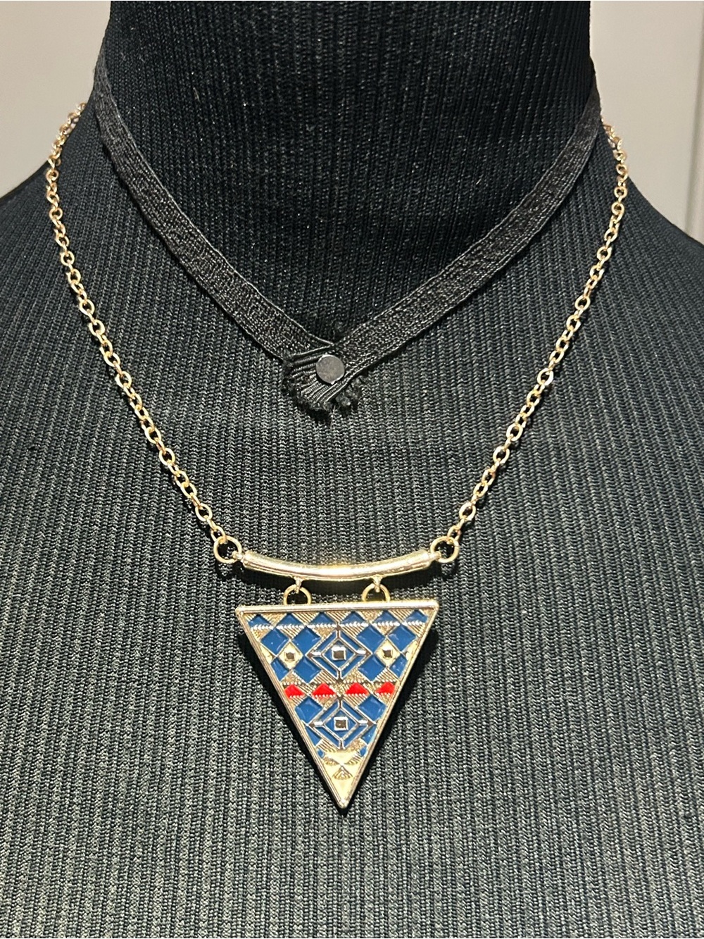 Gold Triangle Pendant Necklace with Blue & Red Enamel